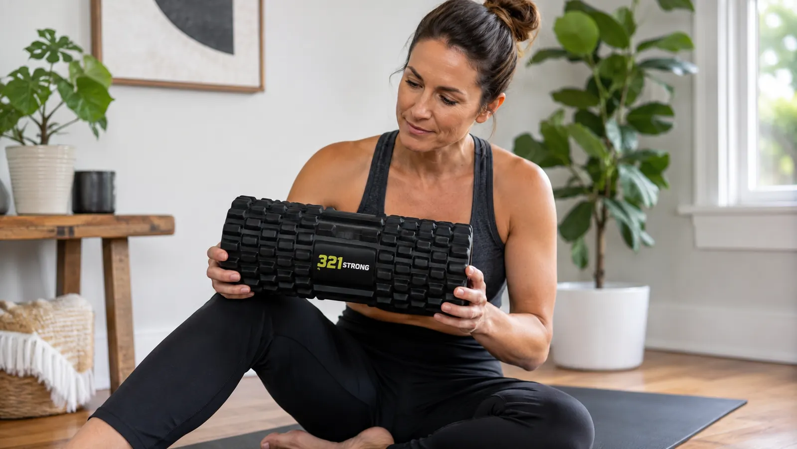 Close-up of the 321 Strong foam roller's ridged surface texture pressed against a person's calf muscle