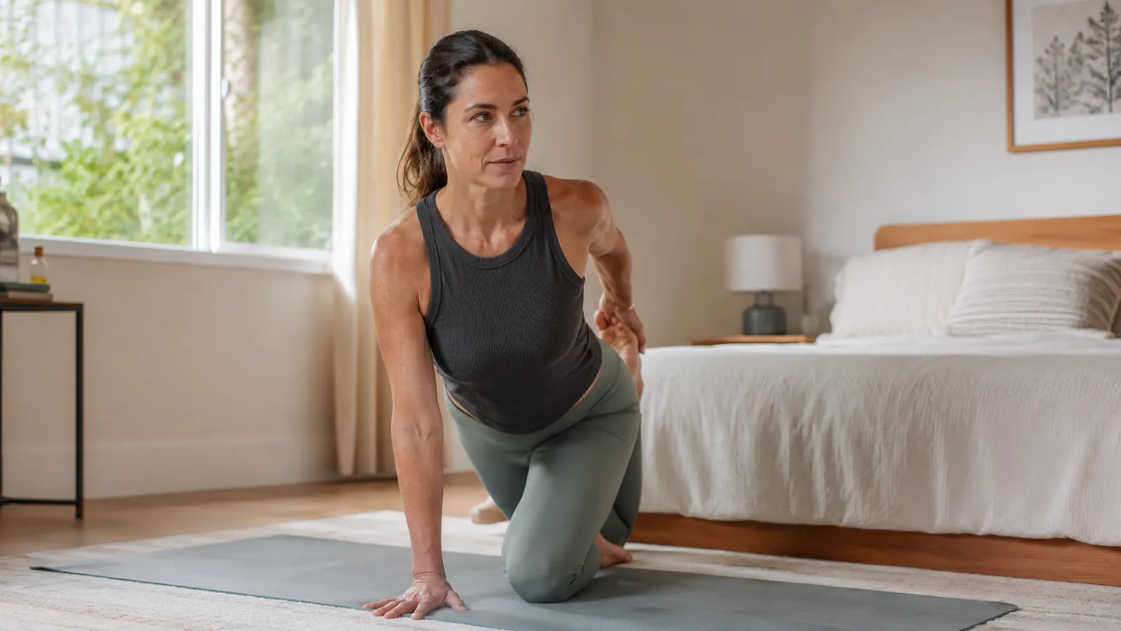 Woman rolling out her calves on a foam roller while seated on a hardwood floor