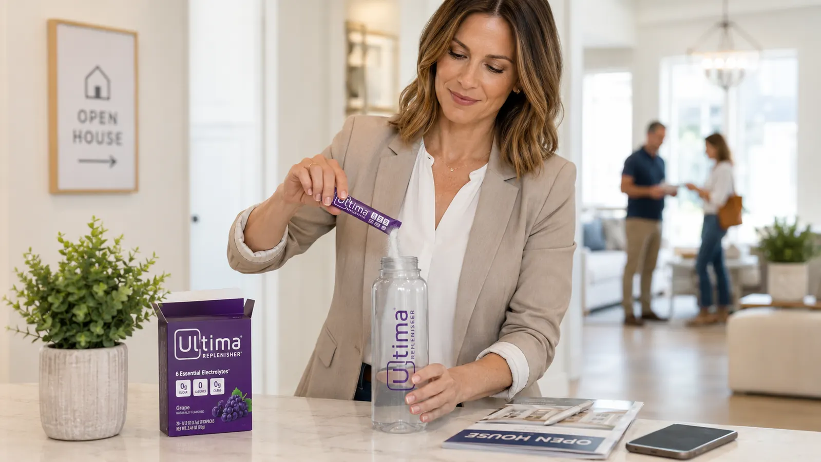Ultima Replenisher stick pack being poured into a clear water bottle