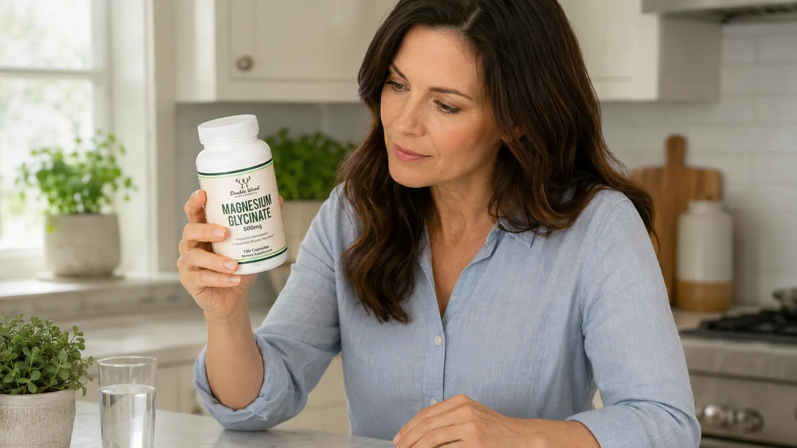 Two magnesium glycinate capsules in a woman's palm next to the supplement bottle on a counter