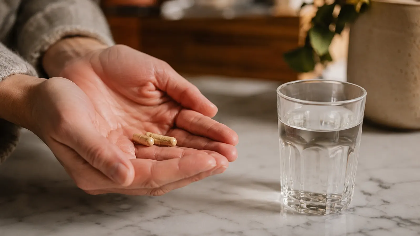 Person placing capsules in a weekly pill organizer on a nightstand, preparing a supplement routine