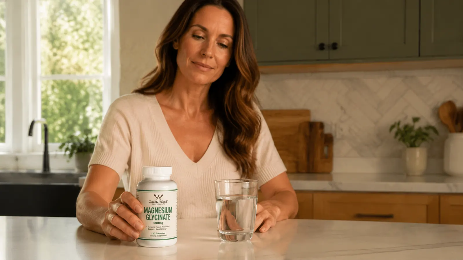 Hand holding two magnesium glycinate capsules over a palm, supplement bottle visible in background on kitchen counter