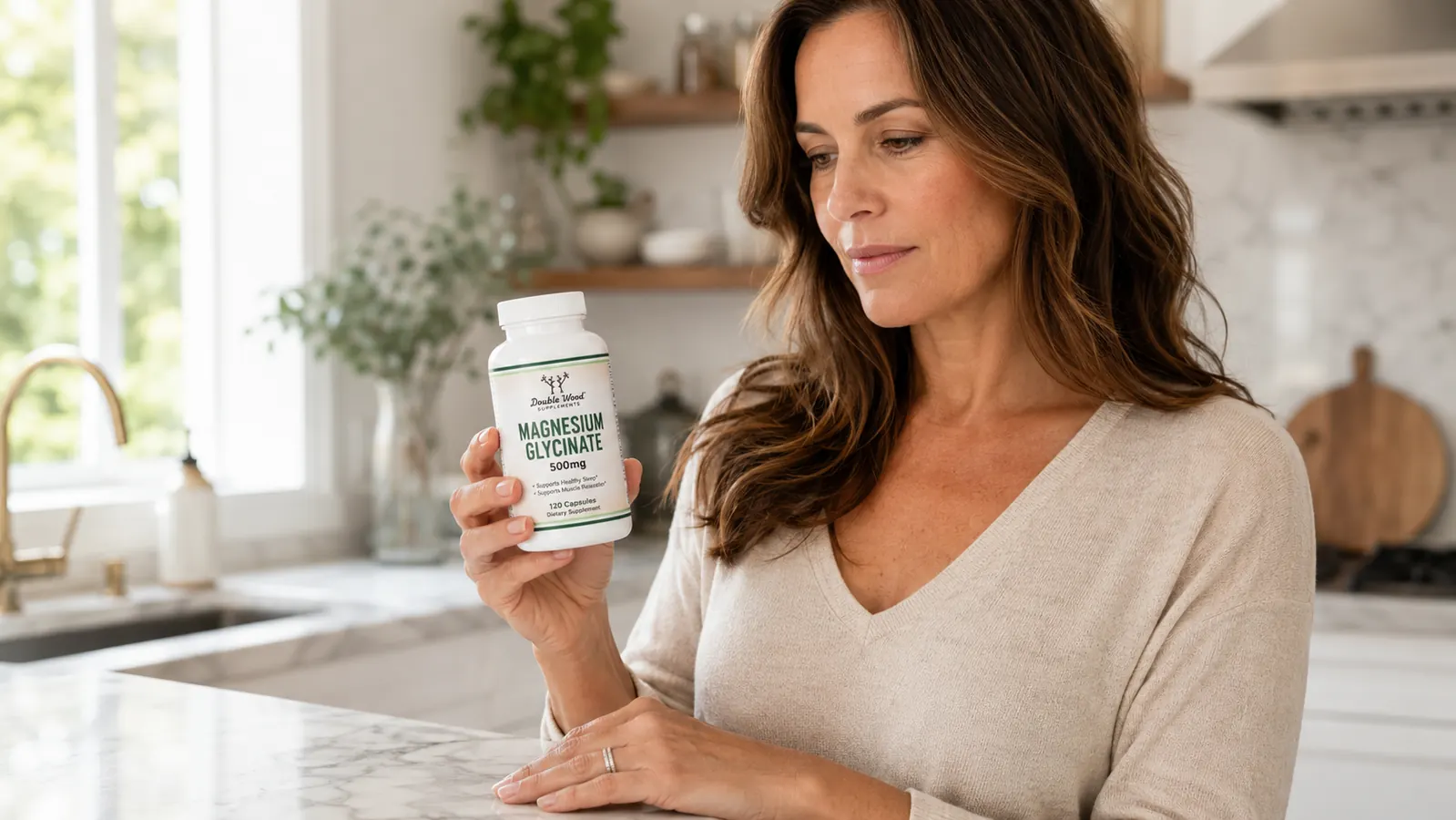 Hand holding a magnesium glycinate capsule over a glass of water on a nightstand before bed