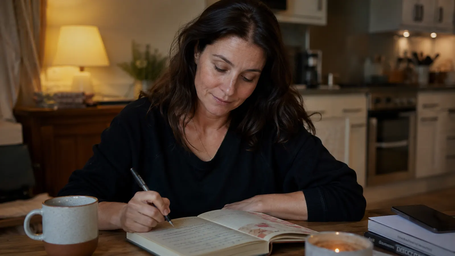 Woman relaxing in bed with eyes closed, looking rested, soft evening light in a quiet bedroom
