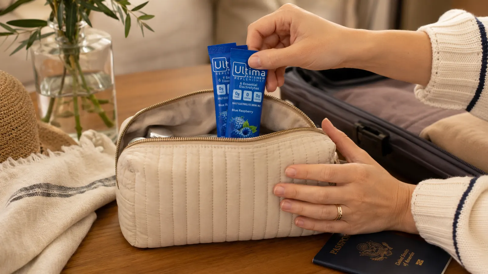 Flat lay of five Ultima Replenisher stickpacks in different flavors fanned out on a wooden surface, one open with powder visible